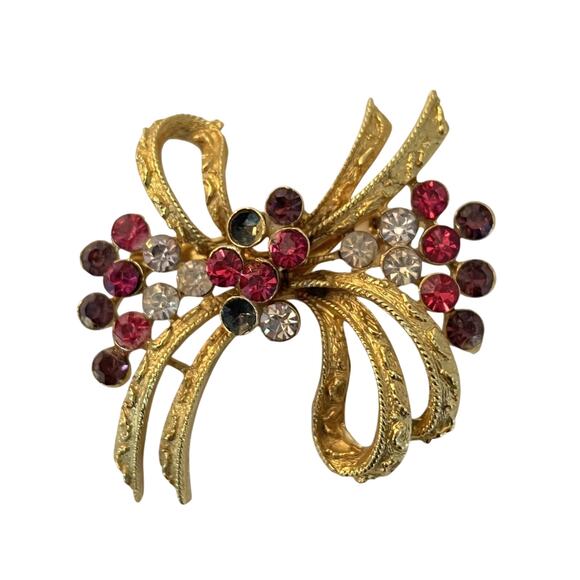 Vintage CORO Pin Brooch Pink Purple Gold-Tone Ribbon Signed Missing Stones - Picture 2 of 11